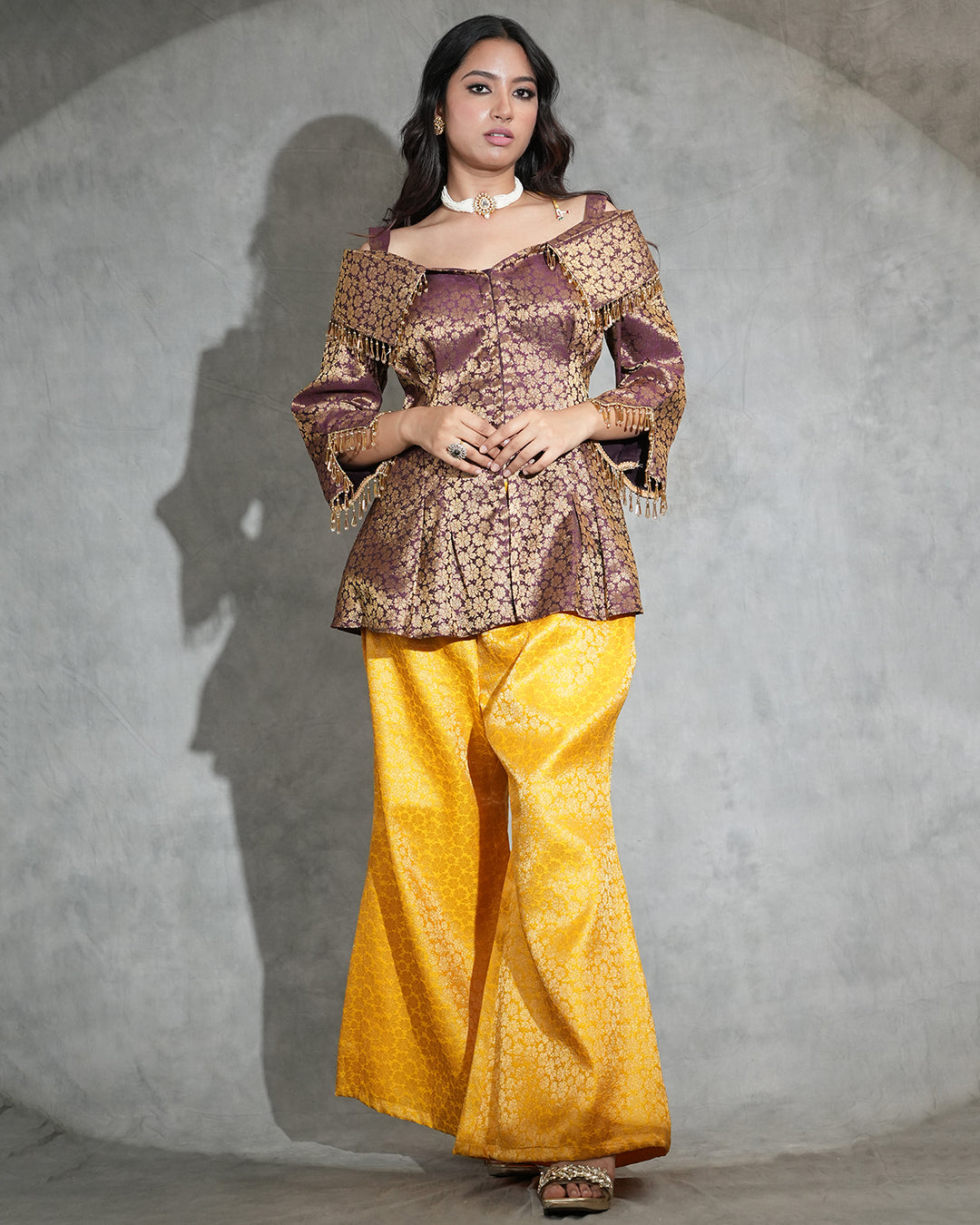 Brocade Peplum Top & Mustard Flared Pants Set