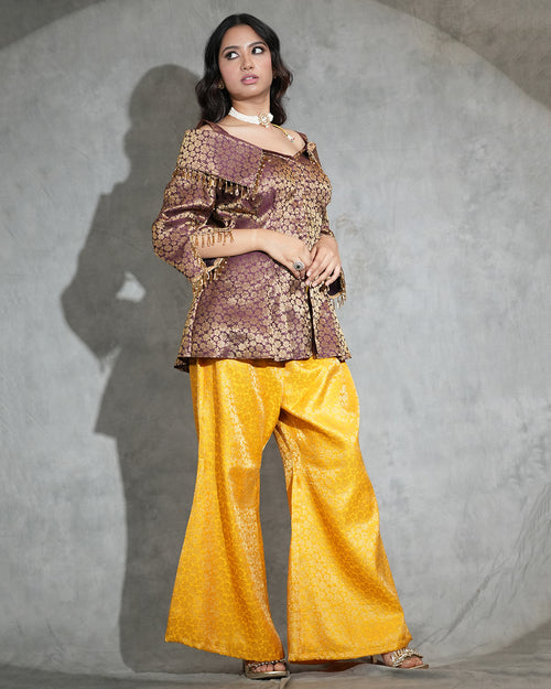 Brocade Peplum Top & Mustard Flared Pants Set