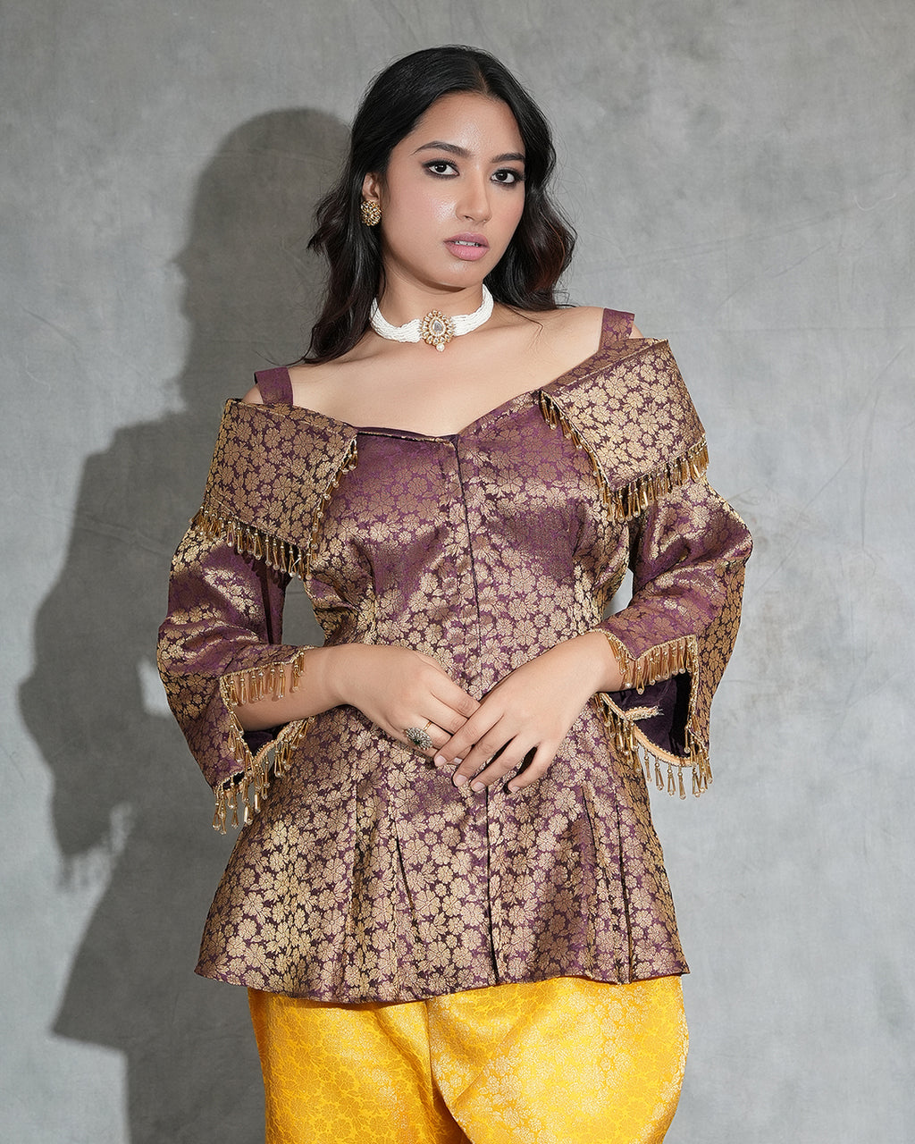 Brocade Peplum Top & Mustard Flared Pants Set