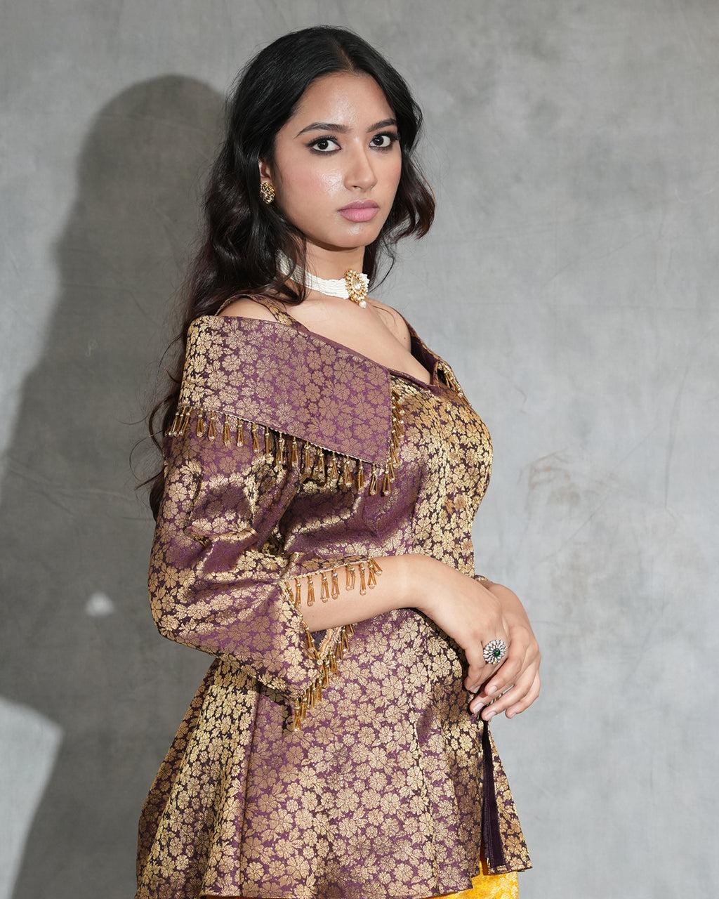 Brocade Peplum Top & Mustard Flared Pants Set