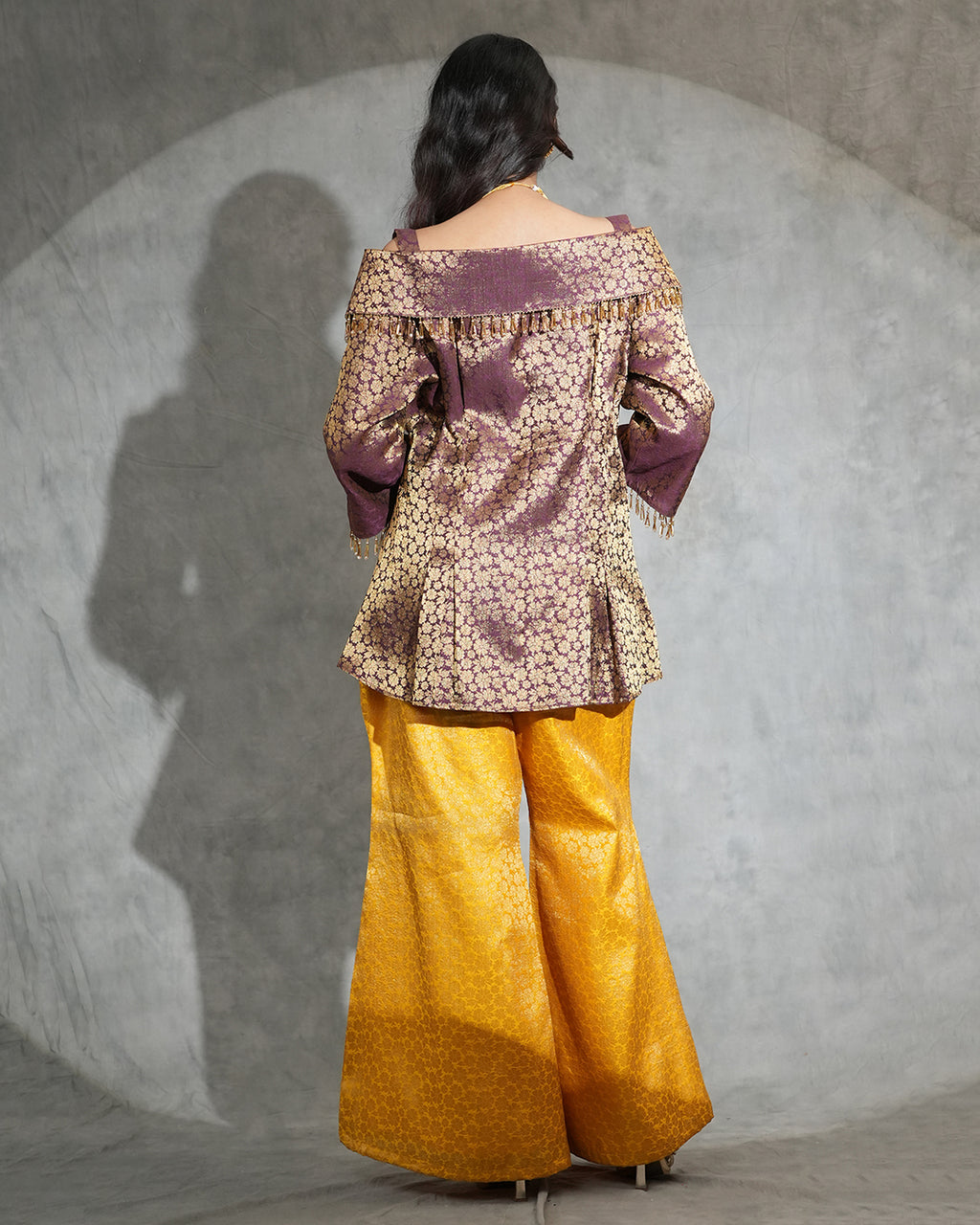 Brocade Peplum Top & Mustard Flared Pants Set
