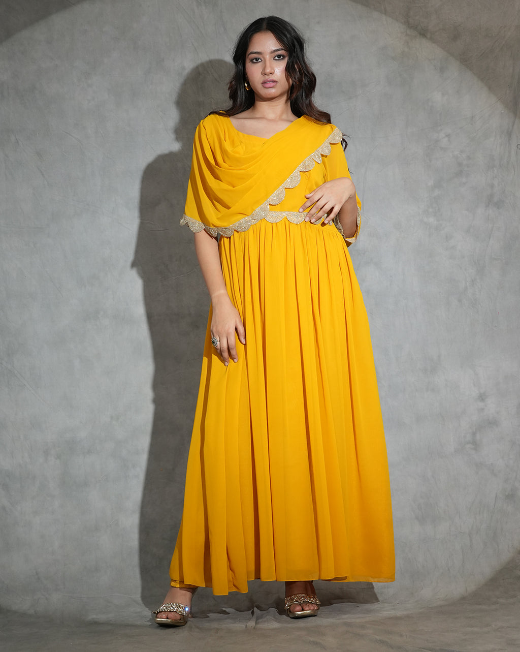 Honey gold long drape dress