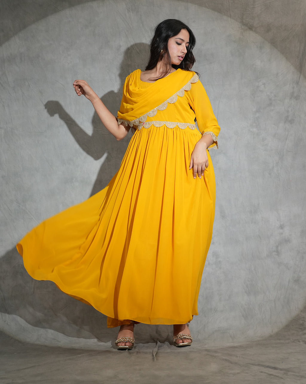 Honey gold long drape dress