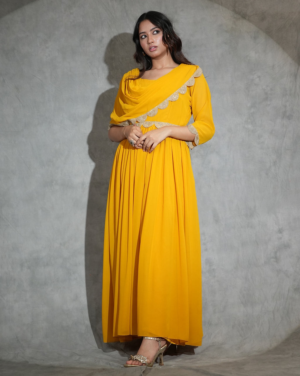 Honey gold long drape dress