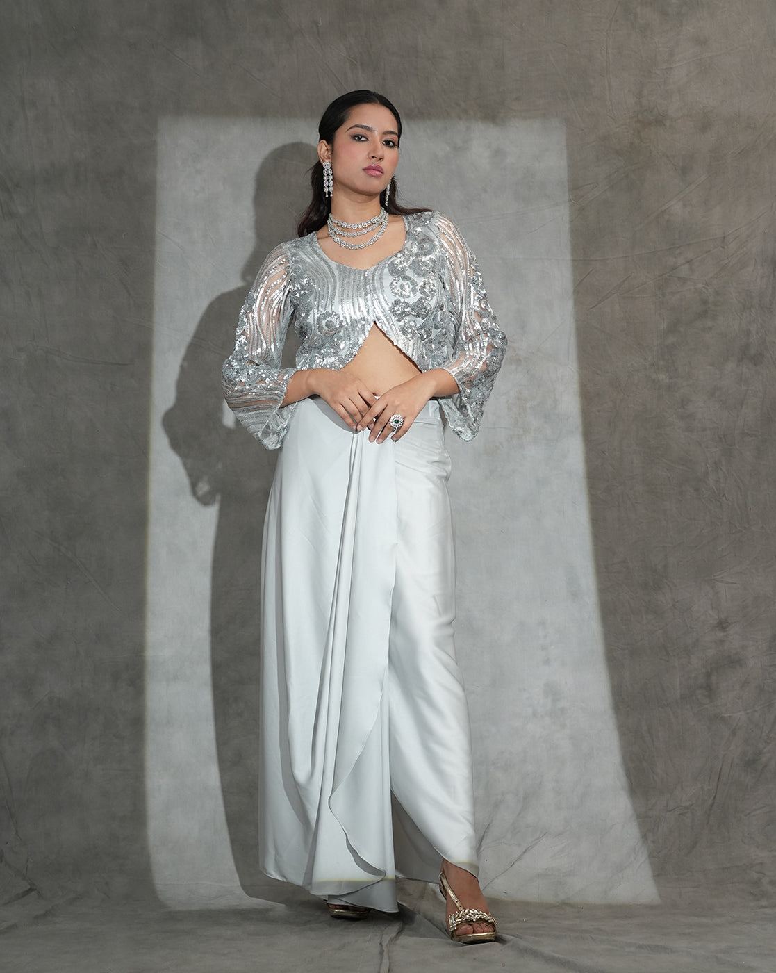Silver Sequin Crop Top with Draped Wide-Leg Pants
