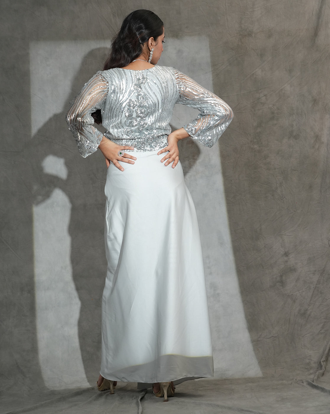 Silver Sequin Crop Top with Draped Wide-Leg Pants