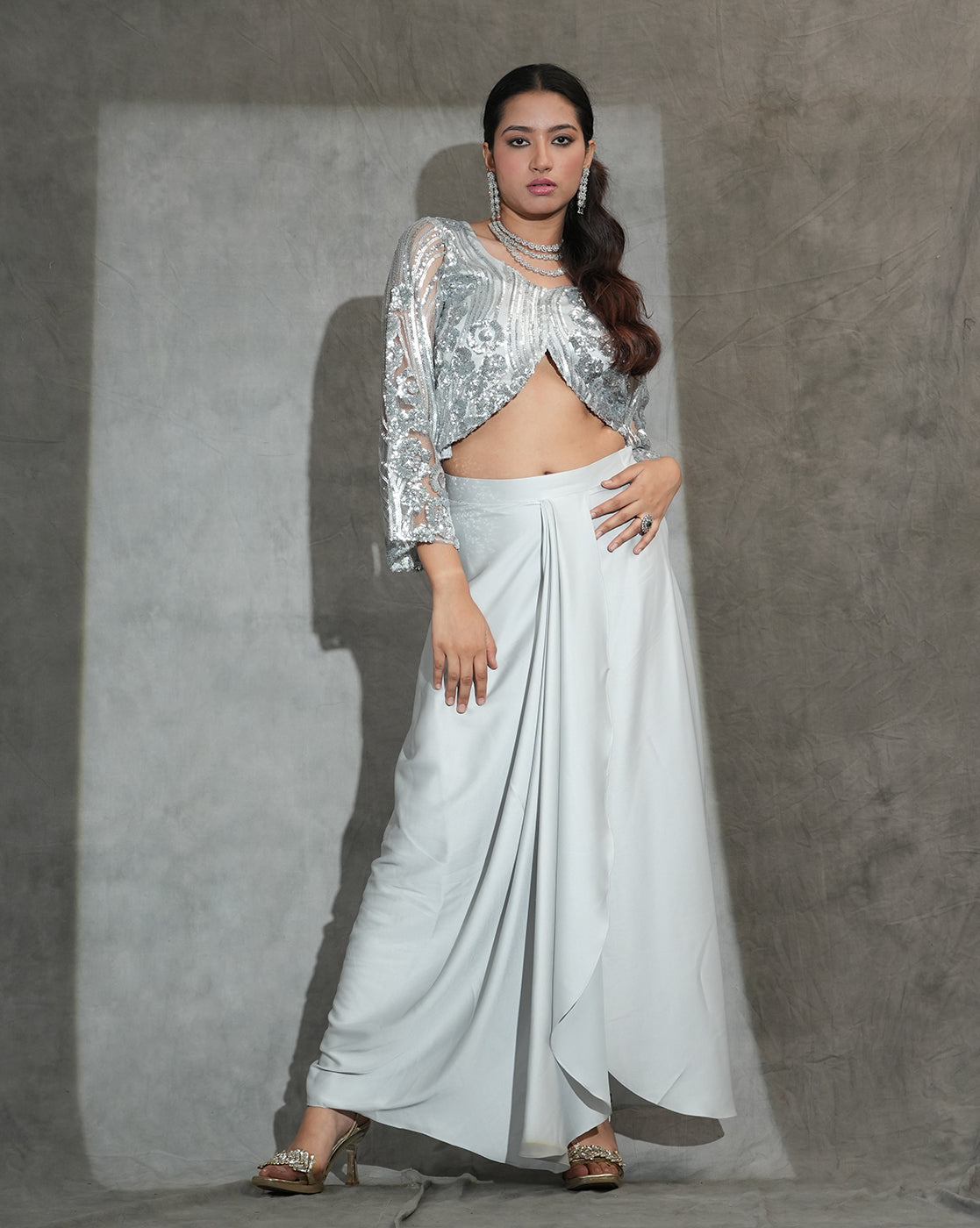 Silver Sequin Crop Top with Draped Wide-Leg Pants