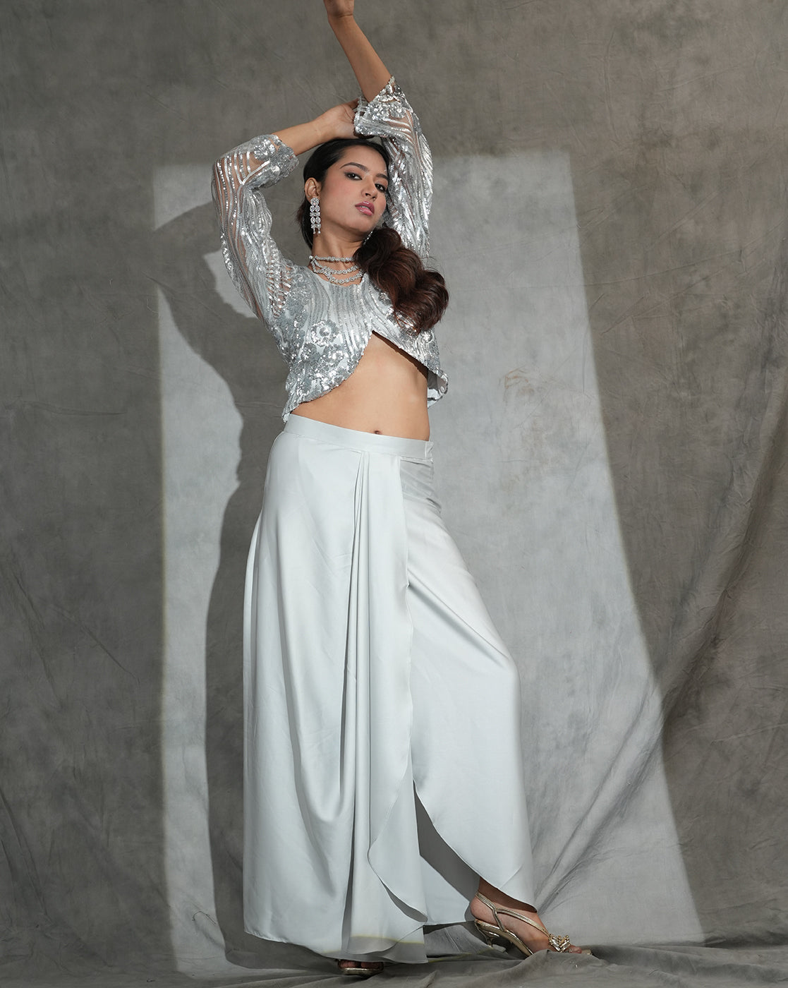 Silver Sequin Crop Top with Draped Wide-Leg Pants