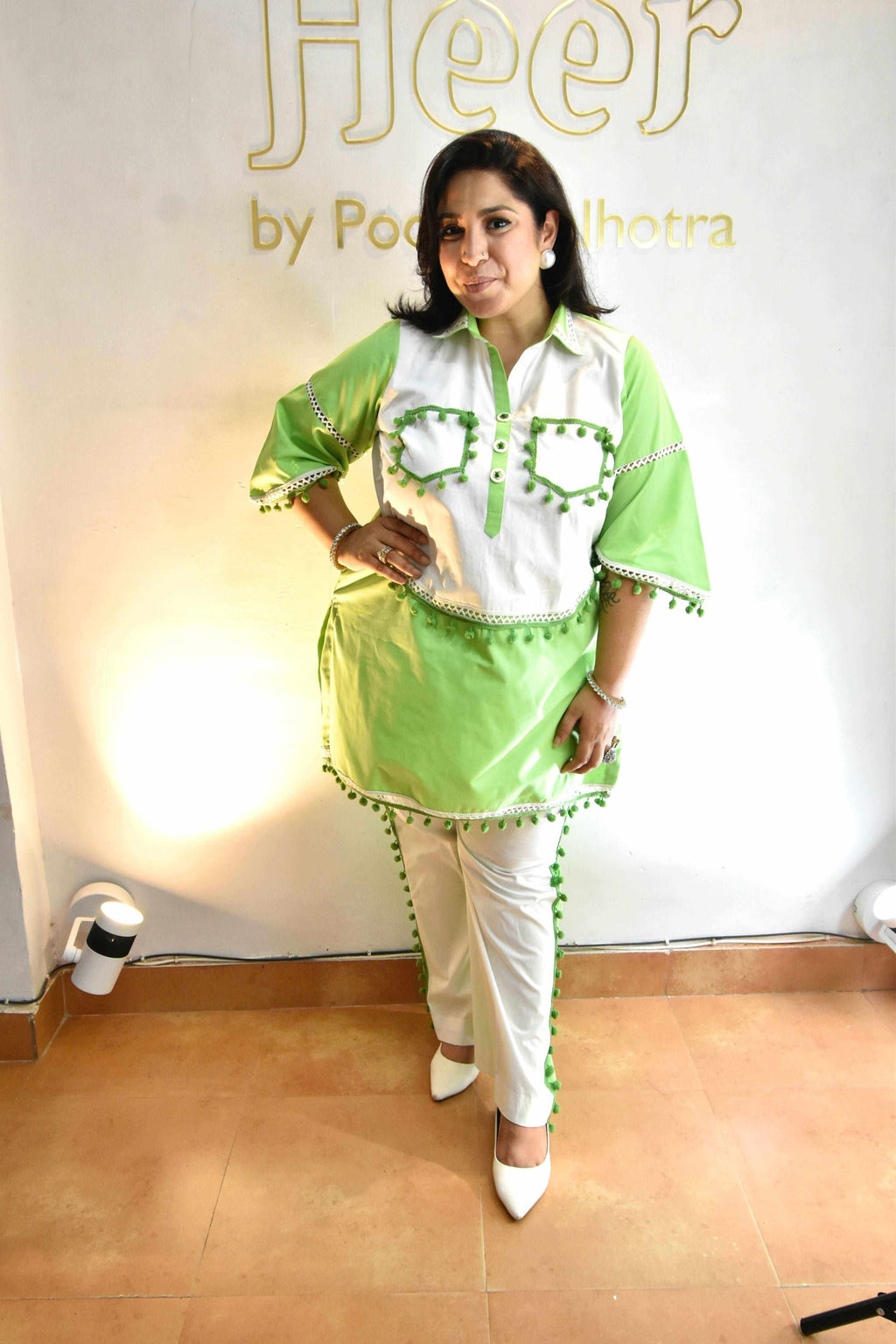 Green set with white polar pants - Heer by Pooja
