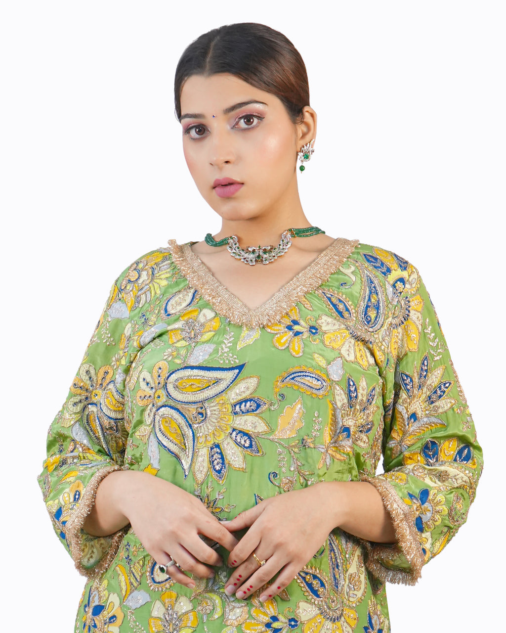 Pista Green Hand-Embroidered Festive Suit