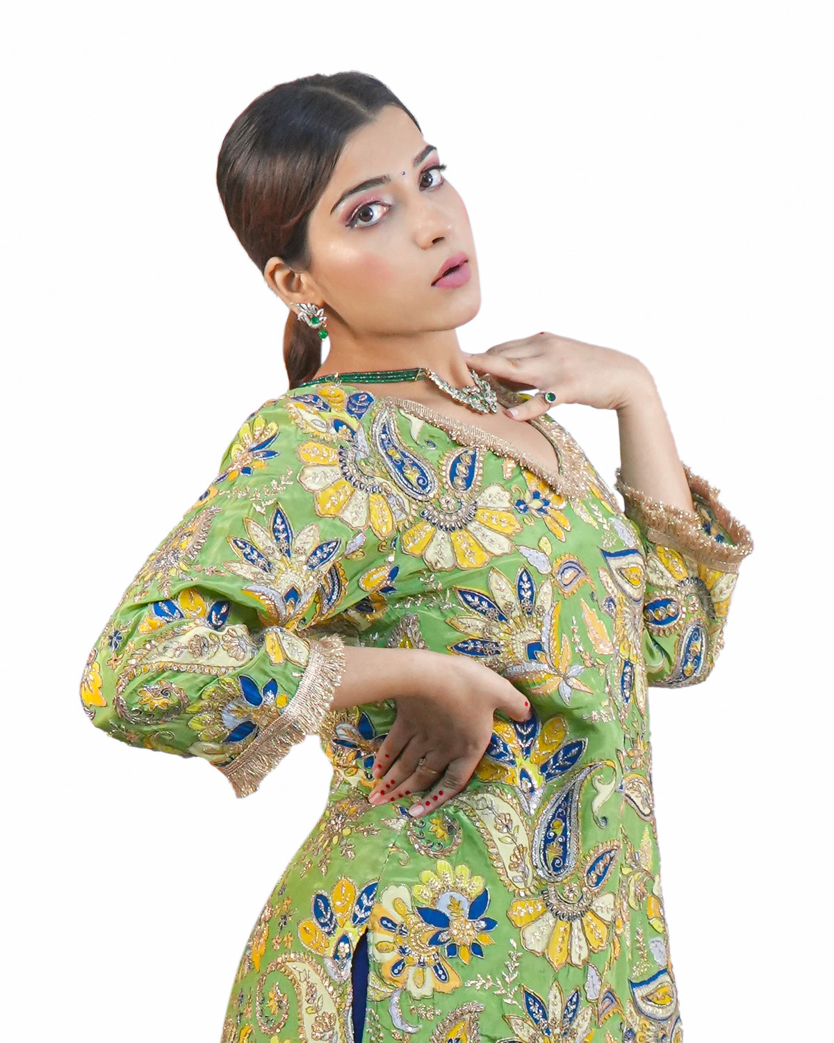 Pista Green Hand-Embroidered Festive Suit