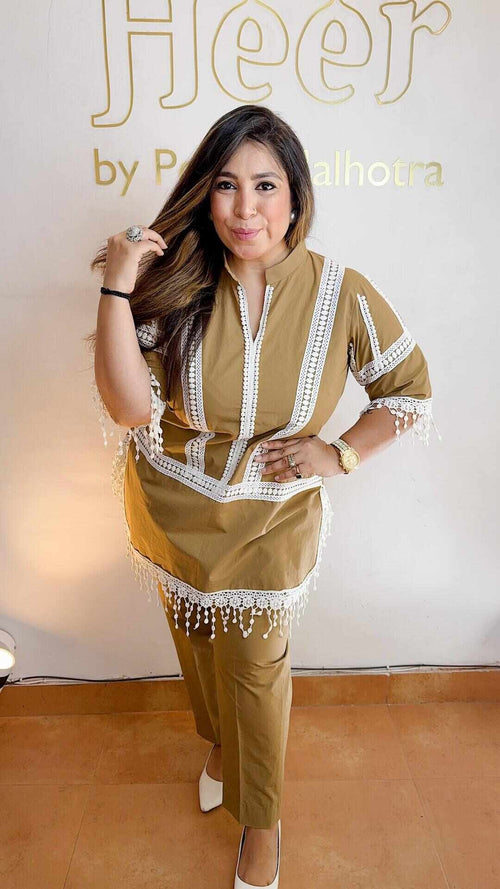 Brown co-ord set with lace work Heer by Pooja