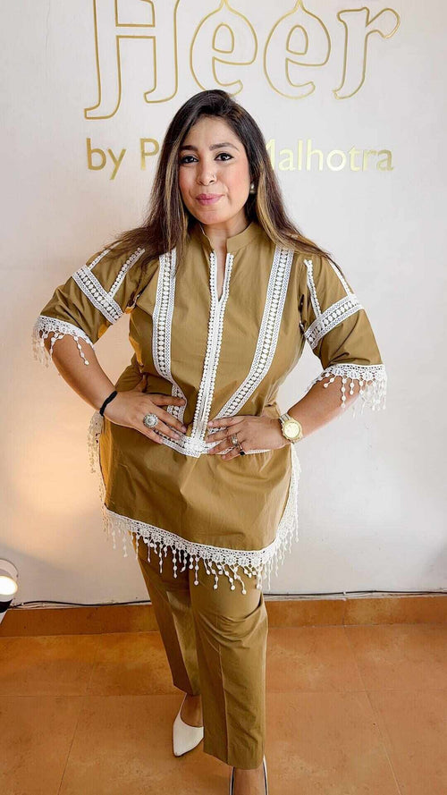 Brown co-ord set with lace work Heer by Pooja