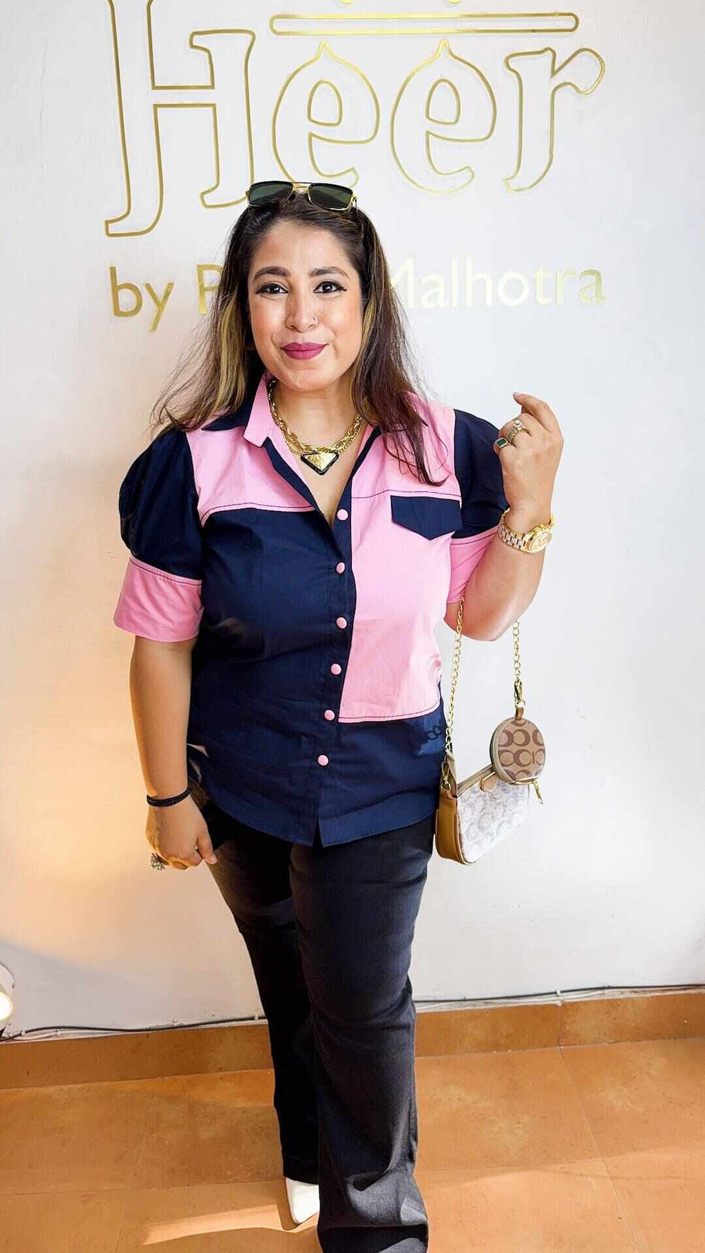 Blue pink cotton block shirt Heer by Pooja
