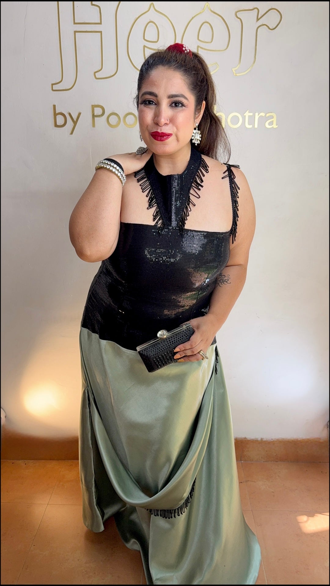 Black sequence sage green drape gown